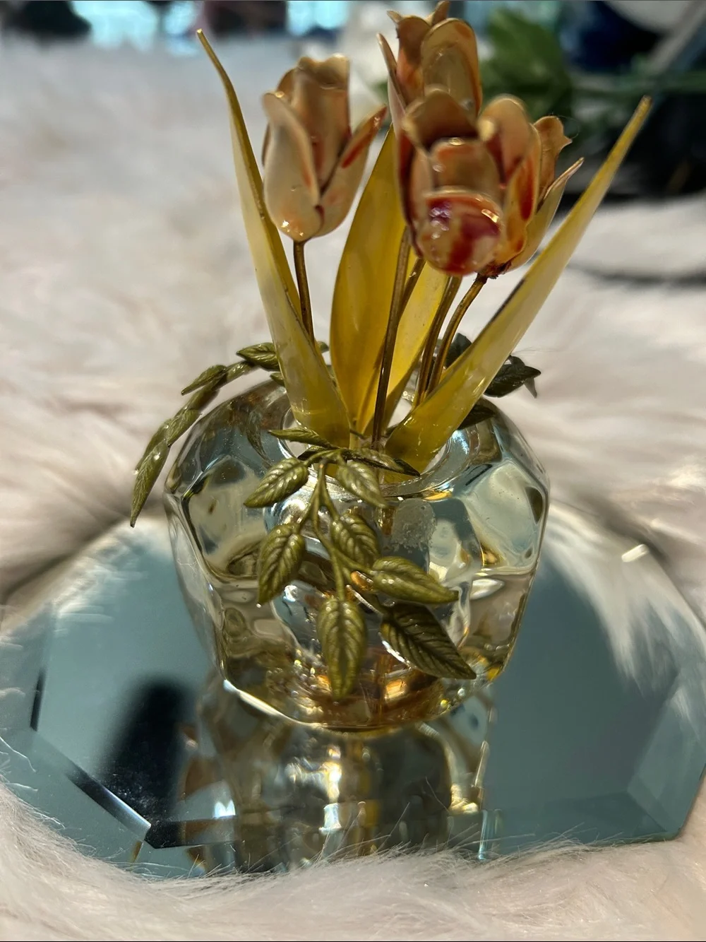 Glass Floral Accent Vase with Gold-Toned Metal Flowers